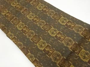 縞に向かい動物・鳥・花唐草模様織出し名古屋帯